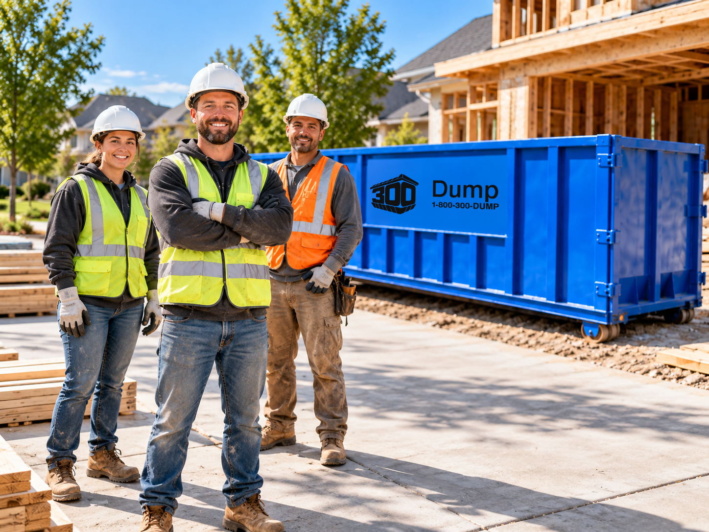 Three people in hard hats and safety vests standing on a residential job site in front of a blue dumpster.