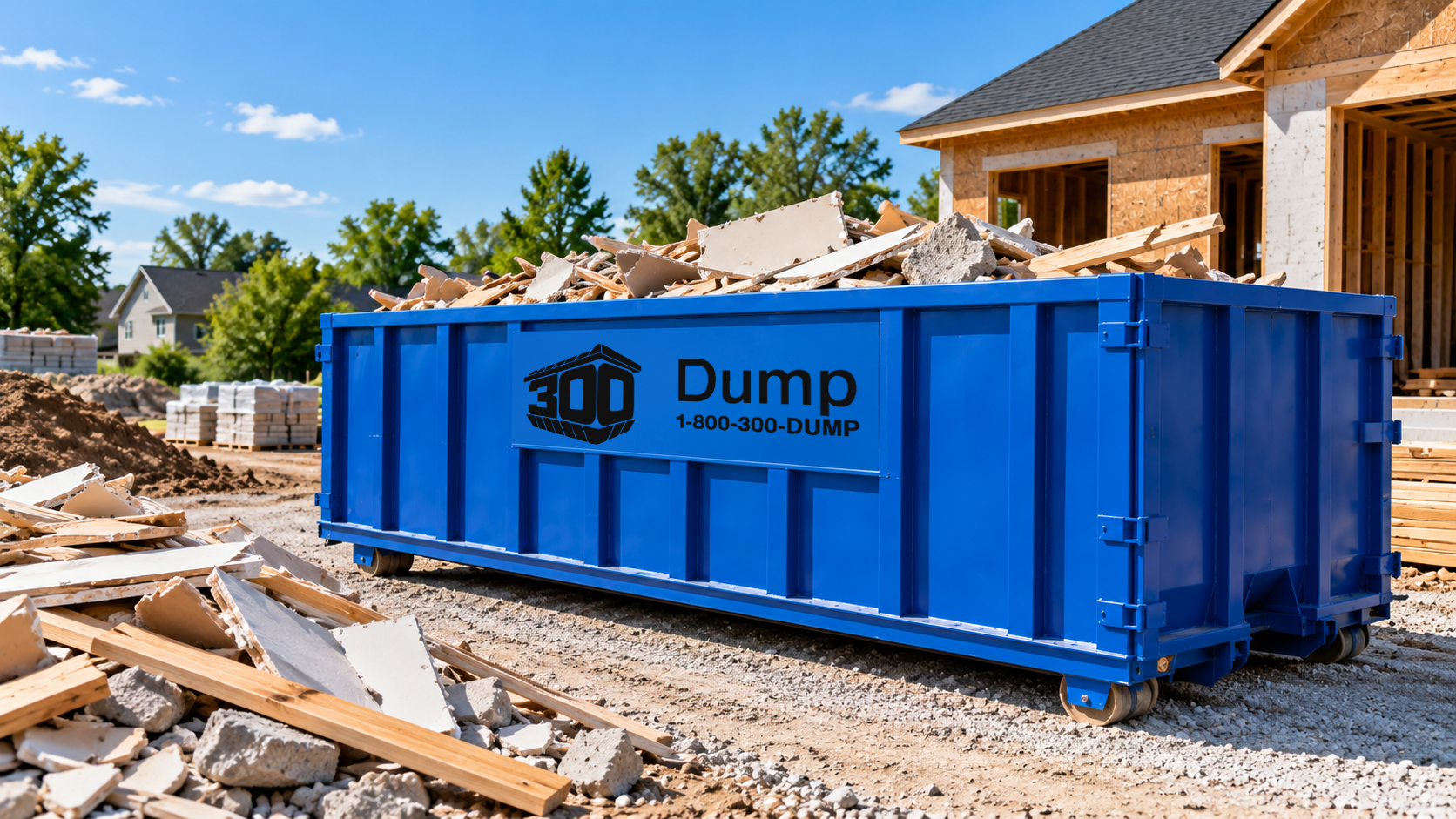 A blue roll-off dumpster filled with construction debris on a residential job site, with a framed house and trees behind.