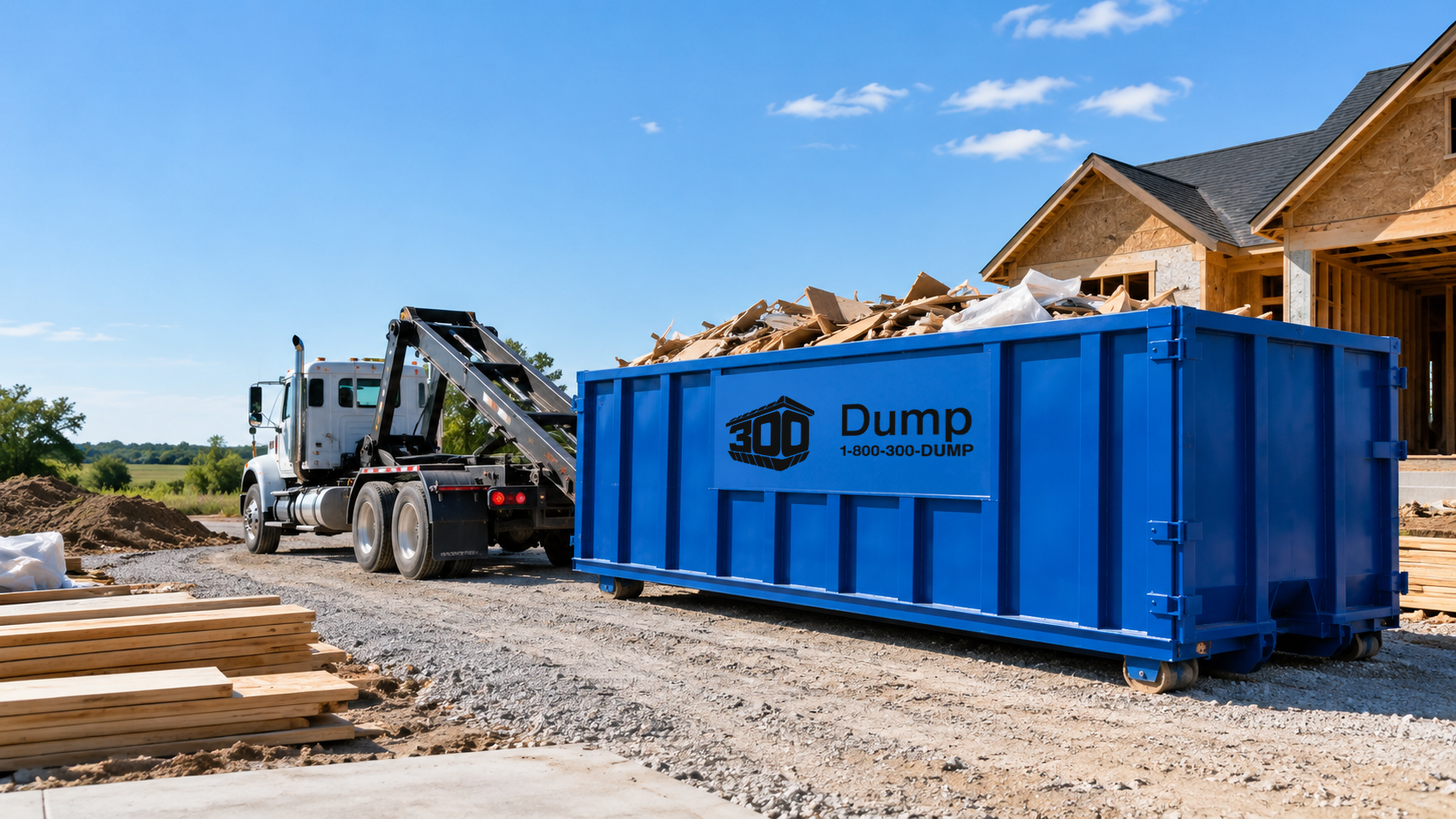 Construction debris heaped in a blue dumpster beside a roll-off truck at a house under construction.