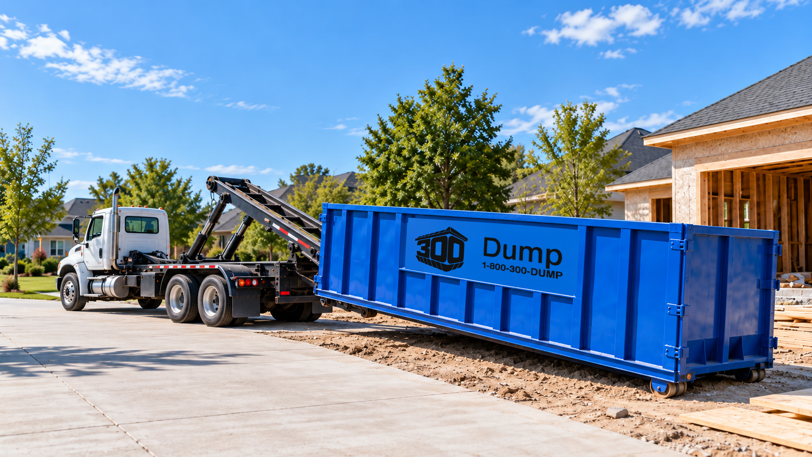 A roll-off truck placing a blue dumpster beside a driveway at a house under construction.